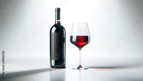 A bottle of red wine next to a filled wine glass on a clean background, concept of product presentation. Generative AI