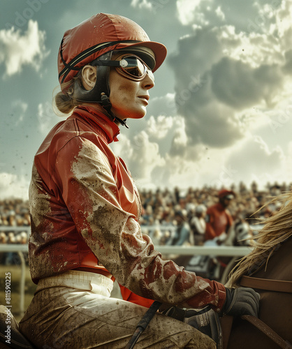 In the heart of the race, where sweat and grit meet the roar of the crowd. A jockey's unwavering focus on the finish line.