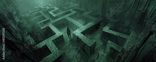 The image is a dark and mysterious maze