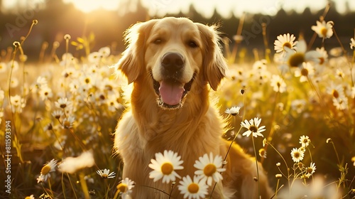 golden retriever dog sitting in a sunlit field of yellow flower