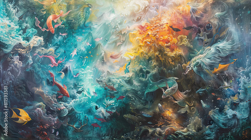 The image is an abstract painting of a coral reef