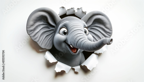 A happy elephant with a friendly expression and large, floppy ears emerges from a torn white wall, showcasing its playful nature and wise eyes. 