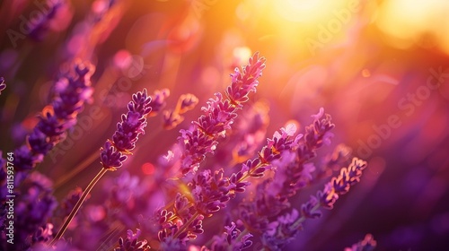 Blooming lavender flowers at sunset in Provence, France. Macro image
