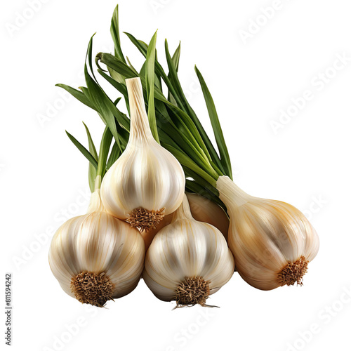 Fresh organic garlic bulbs with green garlic leaves. Isolated on black background.