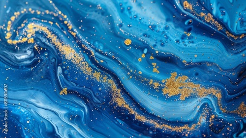 Blue acrylic paint with shimmering golden glitter. Colorful liquid paint abstract background.