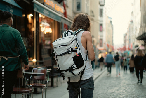 Man tourist with a backpack walks around the city.