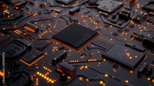 Black circuit board with orange elements. The concept of modern technologies. Technological background
