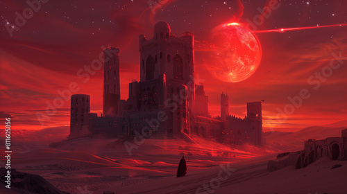 Concept art of a fortress with a red sky