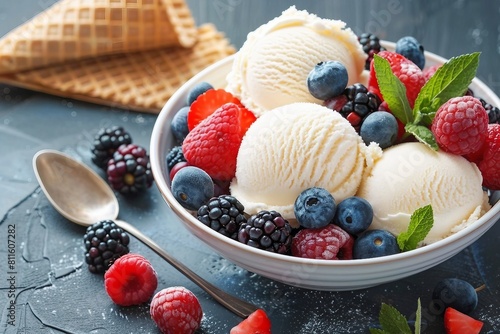 Vanilla ice cream scoops with fresh berries. generative ai.