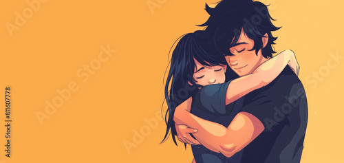 Young guy and girl in a hug, in cartoon anime style. Place for text.