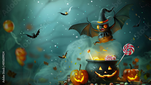 Flying cute Halloween bat with witch cauldron and loll