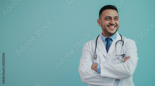 Portrait of a cheerful Middle-Eastern male doctor in a white coat, radiating friendliness and professionalism.
