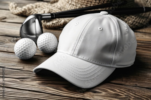 White golf cap with golf balls and club on wooden background.