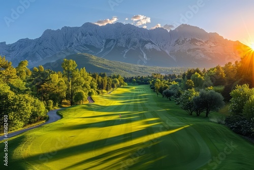 A scenic golf course with a lake and mountains in the background bathed in the warm glow of the sunset