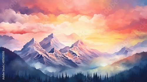Digital painting of a mountainous landscape during a vibrant sunset. Image of blue mountain or hill painted with blue gradient watercolor contrast with orange and pink twilight sky from sunset. AIG35.