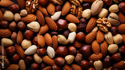 assorted nuts background, large mix seeds. raw food products pecan, hazelnuts, walnuts