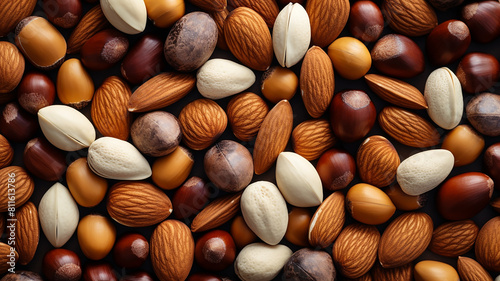 assorted nuts background, large mix seeds. raw food products pecan, hazelnuts, walnuts