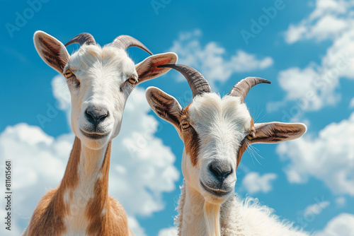 Happy Eid ul Adha with goats against a cloudy sky blue background