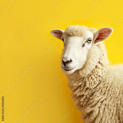 A happy Arabic sheep in a close up shot against a vibrant yellow background. Eid ul Adha mubarak concept