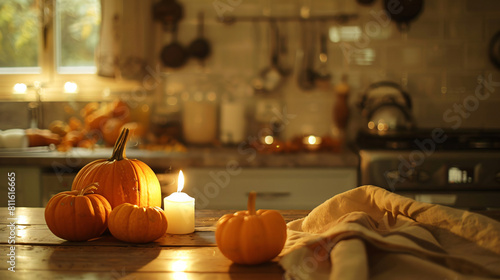 Fresh pumpkins with burning candles and napkin 