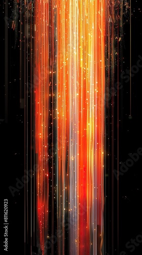 A column of vibrant orange and bright white plexus lines streaming vertically over a black background, designed with a text box in the upper quarter for promotional or informative content