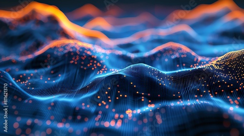 Futuristic digital landscape featuring a 3D mesh network in blue and orange, ideal for illustrating advanced computing