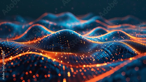 Futuristic digital landscape featuring a 3D mesh network in blue and orange, ideal for illustrating advanced computing