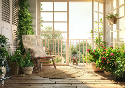 A beautiful balcony with a wooden floor, a comfortable chair and green flowers in pots is an oasis of peace and relaxation.