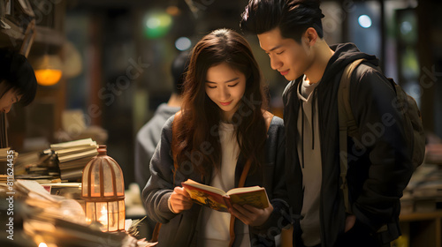 Young asian couple reading book