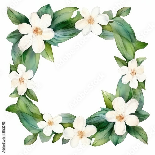 jasmine themed frame or border for photos and text. delicate white flowers and green leaves. watercolor illustration, For packaging, greeting and invitation cards and labels. For banners, flyers.