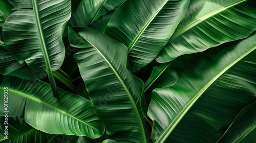 Green banana leaves as background closeup