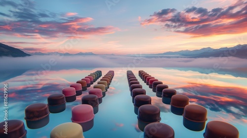 A platter of assorted gourmet chocolates arranged on a mirrored surface, reflecting a surreal, otherworldly landscape of swirling clouds and distant mountains