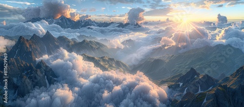Majestic Mountain Peaks Piercing the Ethereal Clouds at Breathtaking Sunset
