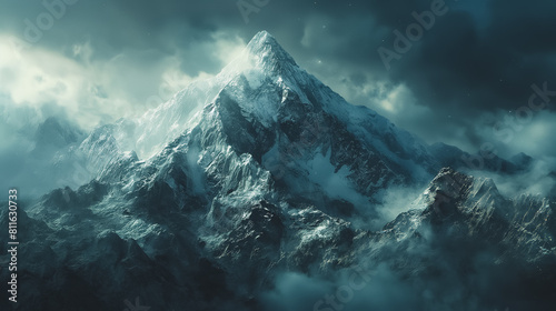 A mountain range covered in snow and clouds