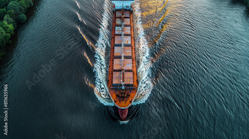 Aerial View of Cargo Ship Sailing on River