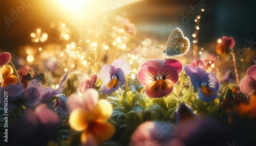 A butterfly is perched delicately on the petal of Pansy flowers field, busy at work collecting pollen, Morning fresh sunlight, some mist-droplets, blur background and soft bokeh