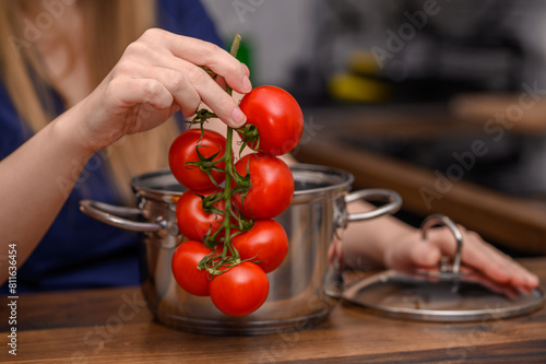 Świeże pomidory na gałązce, obok garnek, gotowanie
