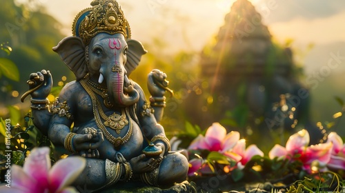 Ganesh statue in the middle of flowers.
