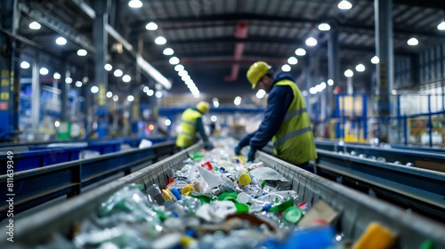 Diligent Workers Sorting and Processing Recyclable Materials at Modern Industrial Recycling Facility, Contributing to Environmental Sustainability and Waste Management Efforts