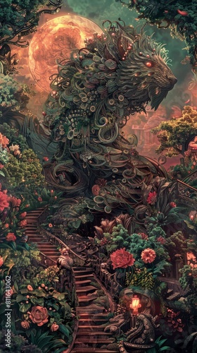 Surrealism Art of an ancient chimera in a mythical beast garden, depicted in a Baroqueinspired drama style with ornate details and a lush, highcontrast color palette