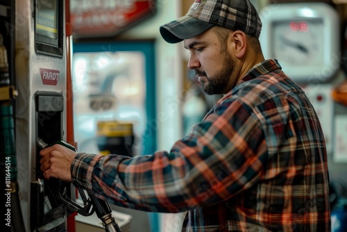 A man in a plaid shirt and cap filling up a gas pump at a gas station