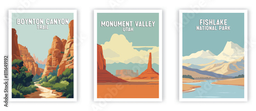 Boynton Canyon, Monument Valley, Fishlake Illustration Art. Travel Poster Wall Art. Minimalist Vector art