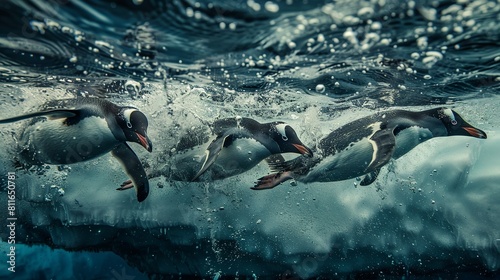 Emperor penguins (Aptenodytes forsteri) dive into the water near the German Antarctic Station Neumayer, Aka Bay