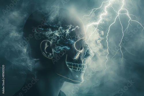 Use the image of a mans head silhouette with an xrayed skull and lightning bolts to symbolize the immense power and potential of the human mind