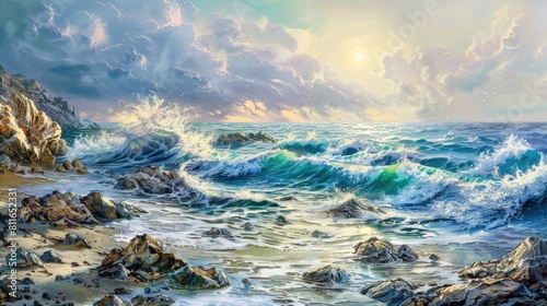 Scenic Seascape with Waves and Rocky Shoreline