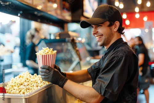A man cheerfully holding a bucket of popcorn with a smile on his face