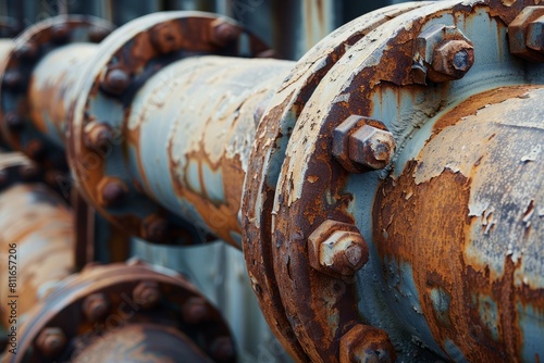 A closeup of a row of large industrial pipelines showing significant signs of rust and corrosion