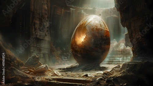Enigmatic Egg-Shaped Artifact in Otherworldly Cavern Ruins