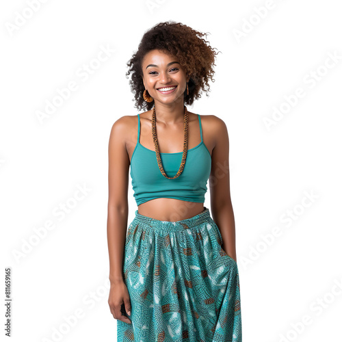 Front view mid shot of a beautiful African woman dressed in a teal tank top and patterned maxi skirt, smiling, isolated on a white transparent background