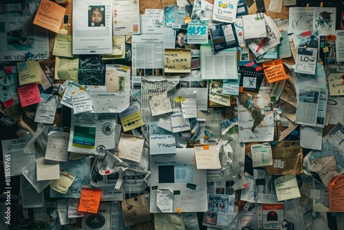 View from above of a cluttered bulletin board covered in various papers, notes, and flyers